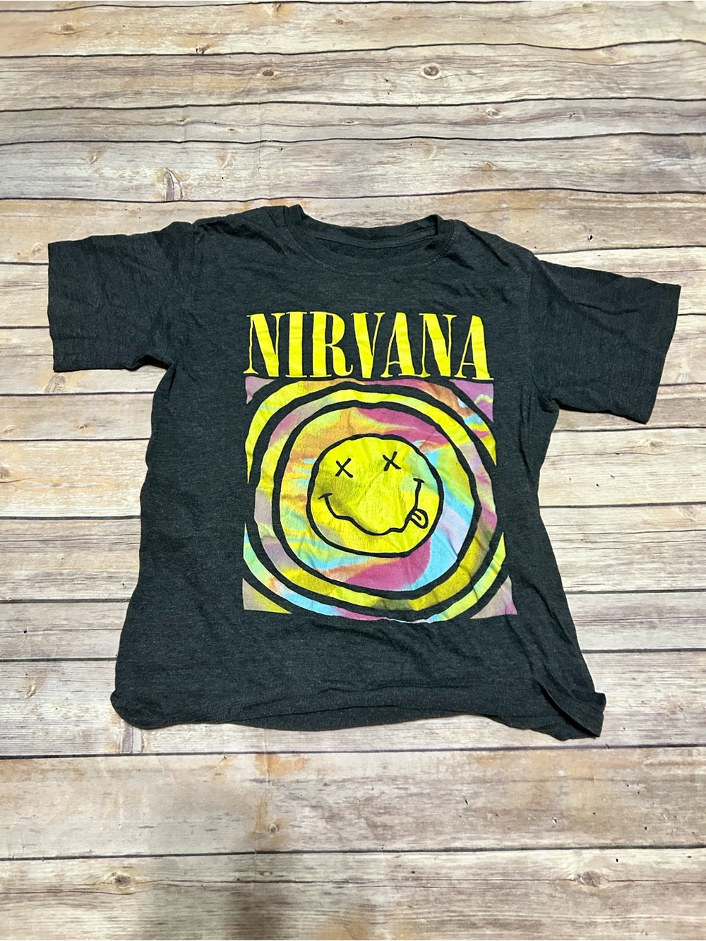 Nirvana Woman’s Black Graphic Tee with Yellow Smiley